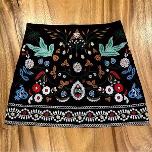 Floral Embroidered Black Mini Skirt